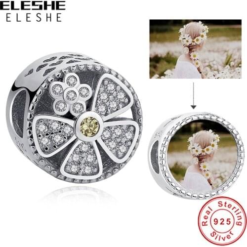 ELESHE Personalized Custom Photo 925 Sterling Silver Bead Charm Crystal Daisy Flower Bead Fit Women Charm Bracelet DIY Jewelry