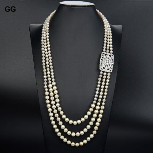 GuaiGuai Jewelry Natural Pearl 28''-32'' 3 Strands Natural White Pearl CZ Connector Necklace For Women