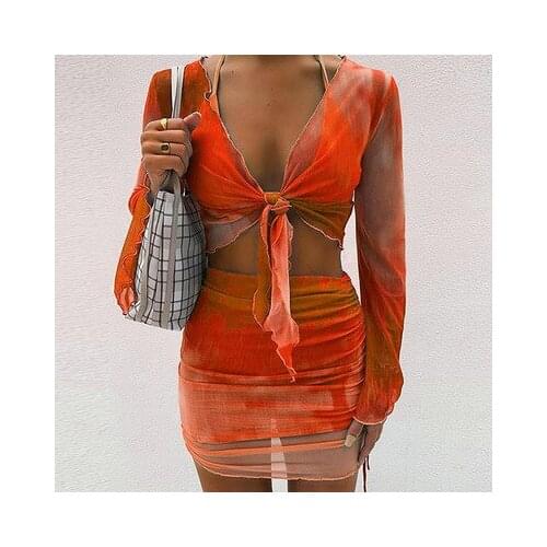 Hot Selling Women Dress Summer lace up Mesh Mini Dress Sexy v-neck tie dye robe Colorful Casual Flare Sleeve Slim Party Sundress