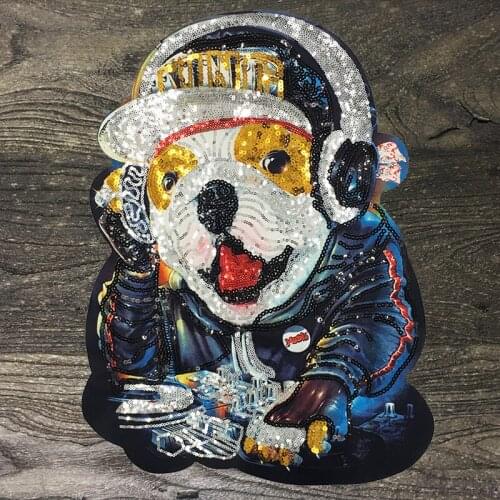 Oversize Fashion Sequin Lovely Large Super Cool DJ Dog Patches for Clothes Coat Jean Jacket Applique