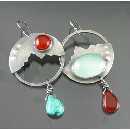 Fashion large silver color ring, hammer type ring with gem, inlaid with natural ruby, hanging Turquoise Earrings