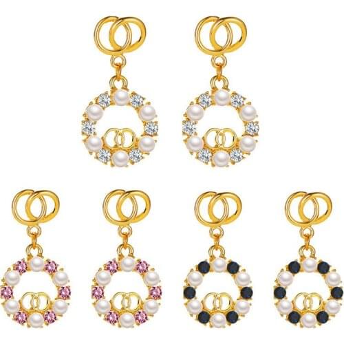 Fashion Pearl Round Crystal Pendant Earrings For Women Girls New Design Circle Charms Stud Ear Jewelry Party Gifts