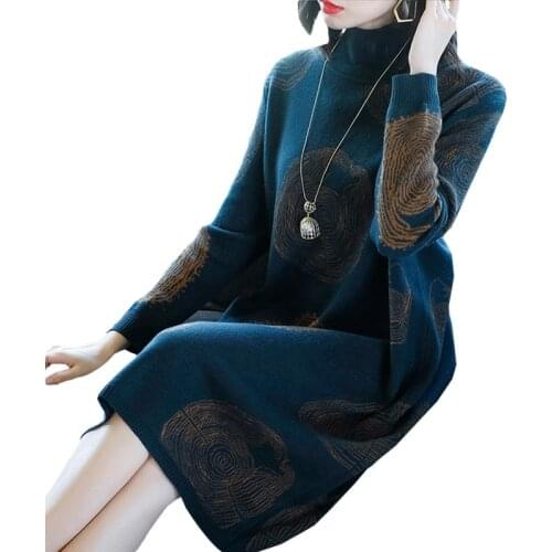 2021 New Autumn Winter Knit Dress Womens Long section Turtleneck Female Long Sleeve Bottoming Wool Sweater Dress X116