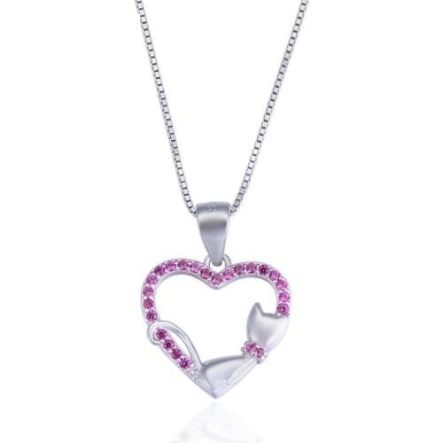Pendant Necklace Pink Zircon Heart Cat Trendy Link Chain Fashion Jewelry Ts Style 925 Stering Silver Bijoux Gift