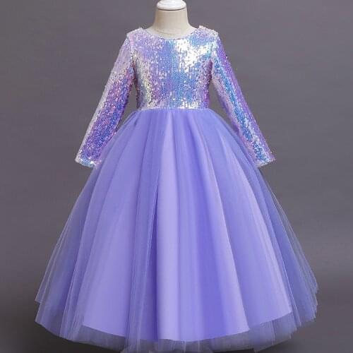 Girls Wedding Bridesmaid party long sleeve dress Princess Girls communion birthday party dance performance color Sequin dress