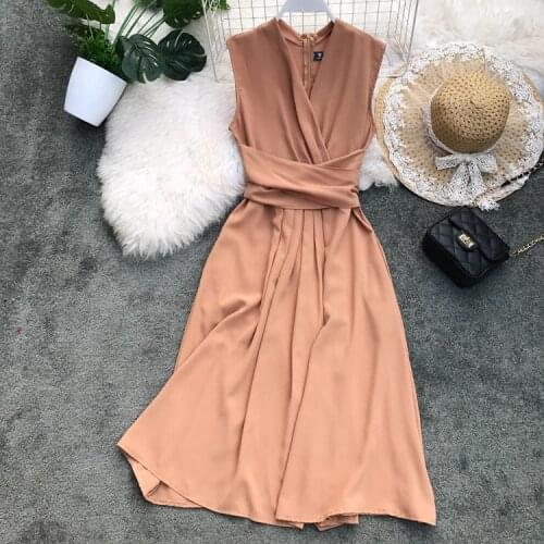 Korean 2020 Summer Women Knee Length Sleeveless Dress Elegant V Neck Slim Waist Vintage Vestido Khaki Blue Red Pink Sashes Dress