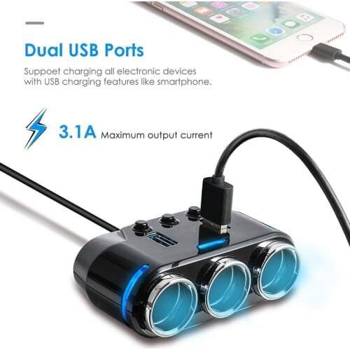 12V-24V 3Way Cigarette Lighter Socket Splitter Power Adapter Dual USB Car Charger For Mobile Phone MP3 DVR Accessories