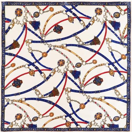 POBING Luxury Brand Plain Silk Scarf Women Rope Chain Print Square Scarves Hijab Lady Bandana Female Foulard Neckchief 60x60cmcm