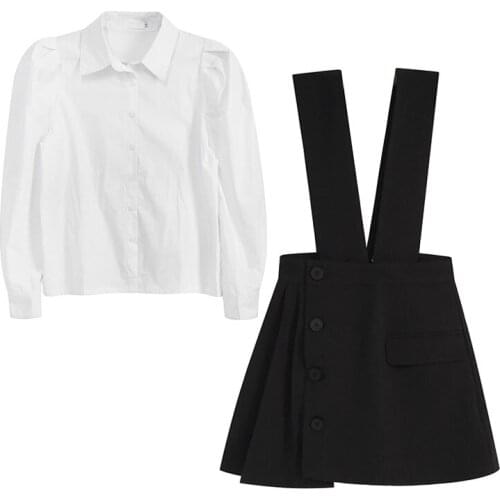 PERHAPS U Black Khaki White Turn Down Collar Shirts Braces Mini Skirt Two Pieces Set Women Pocket Button Puff Sleeve T0460