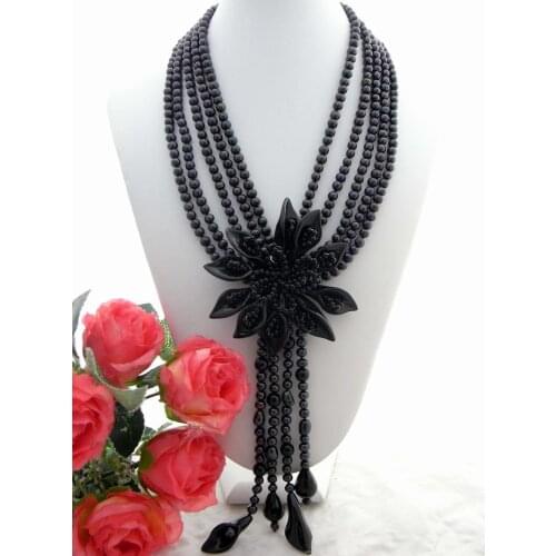 Y·YING 5 Strands Cultured Black freshwater Pearl Necklace Handmade Onyx Flower Statement 20"