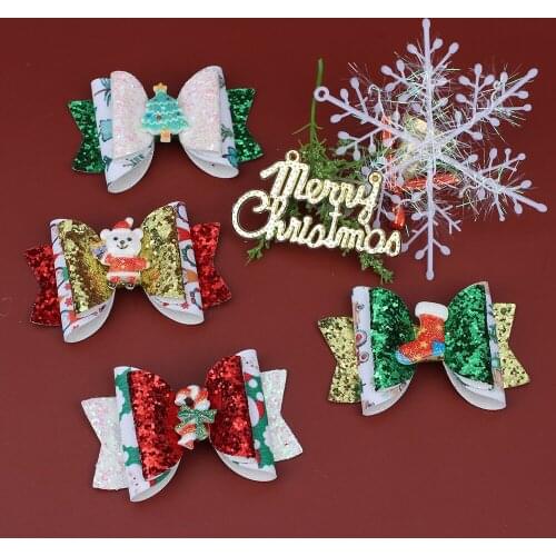 Cheer Bows 3" Glitter Hair Clips Christmas Stocking Hair Bows Pins for Baby Girls Duckbill Clips Baby Hairgrips Accessories