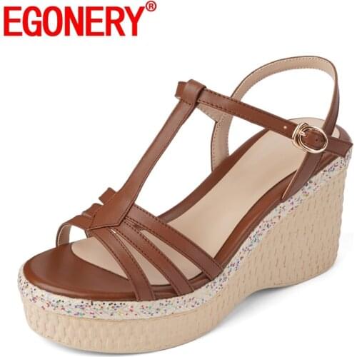 EGONERY Women Slope Heel Sandals Round Toe summer New Style Leisure Solid color Concise Comfortable office lady Mature soft