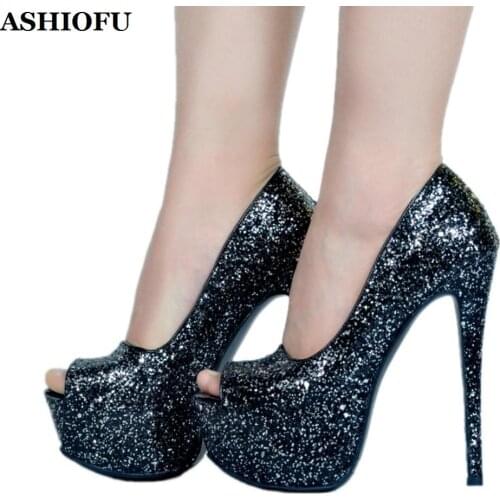 ASHIOFU New Hot Style Handmade Women High Heel Pumps Glitter Peep-toe Sexy Party Dress Shoes Platform Evening Fashion Sandals