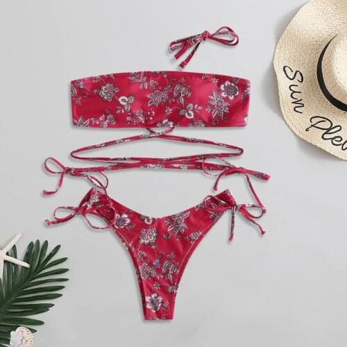 Women Flower Print Sling Bandage Tube Top Two Pieces Swimsuit Bikini Set Swimwear Beachwear Bathing suit Swimming suit for women