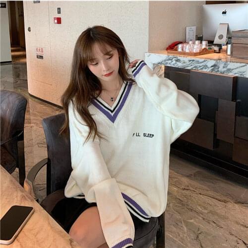 Sweaters Women Ulzzang Letter Chic Vintage V-neck Daily Oversize Preppy Girls Knitwear Fall Casual All-match Ins Womens Sweater