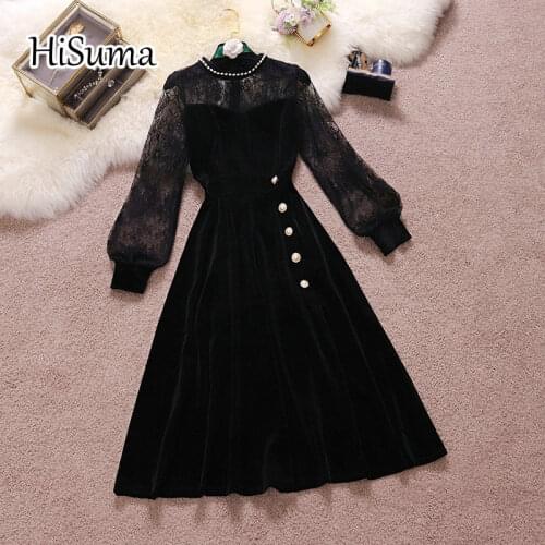 2021 spring new women O-neck beading lantern sleeve velvet with lace A-line dress female Chic elegant button black dresses