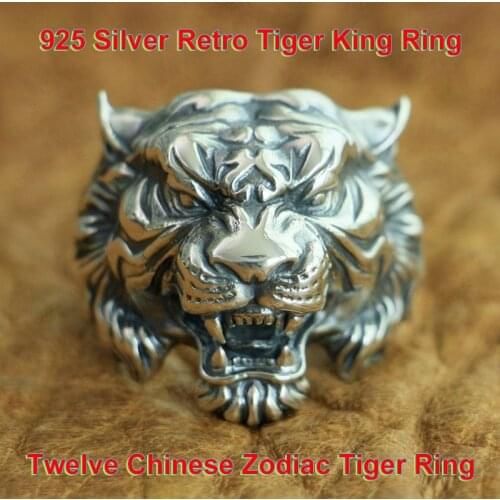 925 Sterling Silver Retro Tiger King Ring Cool Knight Individuality Delicate Tigers Head Chinese Zodiac Ring TA130 US Size 7~15