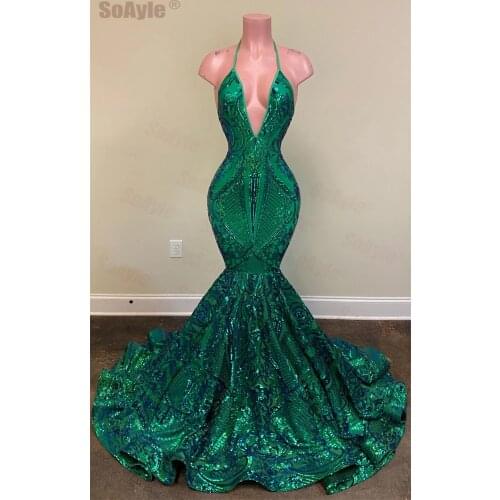SoAyle Sparkly Sequins Prom Dress Sexy Deep V Neckline Mermaid Womens Long Spandex Green Evening Party Dresses Plus Size