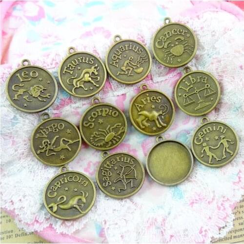 2 sets (24pcs) 25MM Inner Size Antique Bronze Color Zodiac charms twelve constellations Base pendant Tray pendants 27*31.5MM