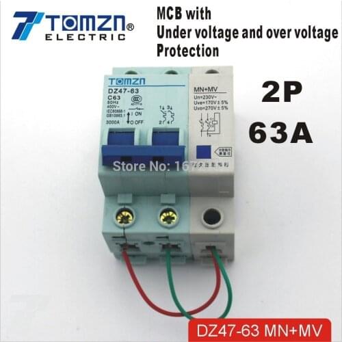 2P 63A 400V~ 50HZ/60HZ MCB MN+MV with over voltage and under voltage protection Mini Circuit breaker