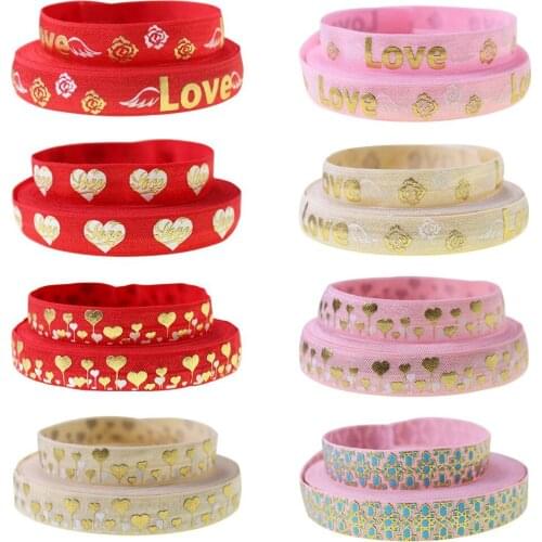 5/8" 16mm 10 yards/lot heart Print Fold Over Elastic valentines Day FOE for Ponytail Holder Bracelet