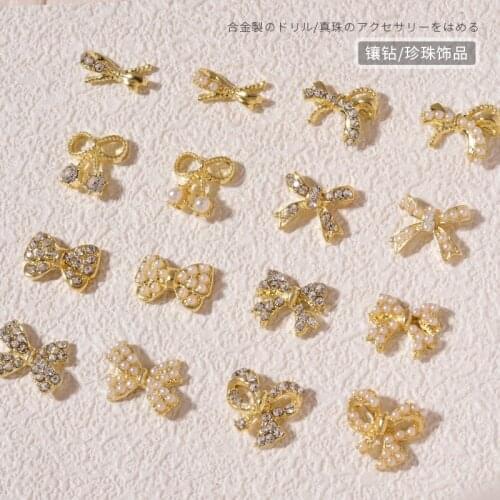 Nail Art Pearl Butterfly Combined With Gold Jewelry Full Of Diamonds Metal Bow Tie Pearl Decoration Nail Stickers Diamond