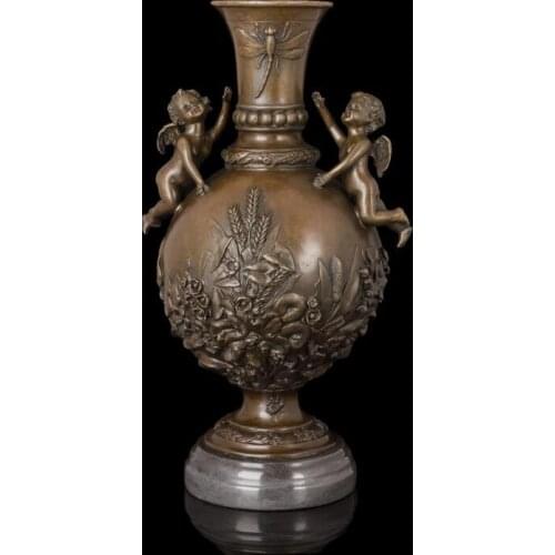 32CM West Art Deco Bronze Children Boy Angel Flower dragonfly Sculpture Vase Pot