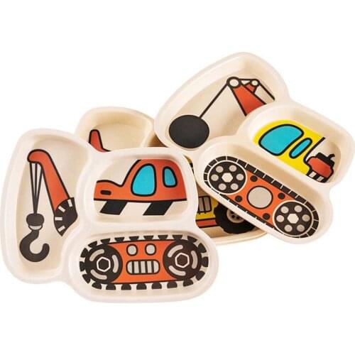 Baby Bamboo Dinner Plate +Spoon+Fork Feeding Food Tableware Set Cartoon Car Style Kid Dishes Bamboo Feeding Bowl
