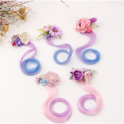 Girls Gradient Colours Wig Hairpins Flowers Hair Clips Sweet Princess Hair Ornament Ponytail Hairgrip Kids Hair Accessories