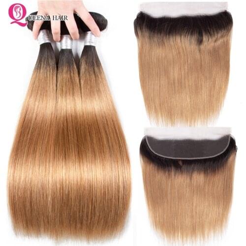 Ombre Blonde Bundles With Frontal Closure Raw Indian Hair Bundles With Closure 1B/27 Straight Bundles With Closure 2/3/4 Bundles