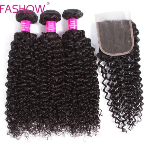 Fashow Malaysian Kinky Curly Hair 3 Bundles With Closure #1b Natural Color Human Hair Bundles With Closure Non Remy Hair