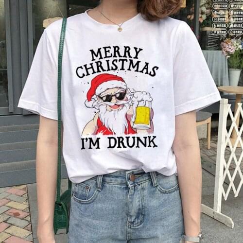 Short Sleeve T-shirts Women Party Tshirt Merry Christmas T Shirt Ladies Cartoon Santa I'm Drunk Letters Printed Tops Tee