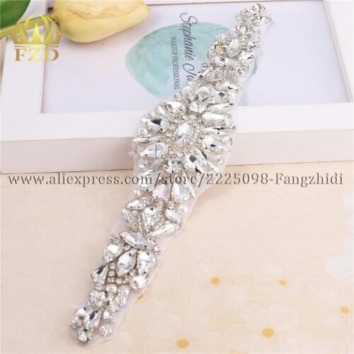FZD 1 Piece Hot Fix Iron On Beaded Rhinestone Appliques for Sash Crystal Sew On Wedding Dress and DIY Headpieces Garters