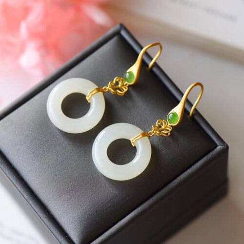 Natural Hetian Jade Safety Buckle Earrings Womens Long Elegant Safeness Ring Pendant Jade Retro Chinese Style Necklace Womens