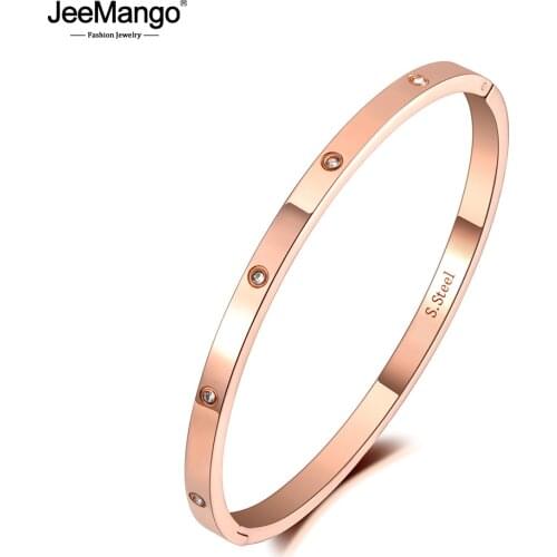 JeeMango Luxury CZ Crystal 4mm Cuff Bangle For Women Girls Cubic Zirconia Love Titanium Stainless Steel Bracelet Jewelry JB19063