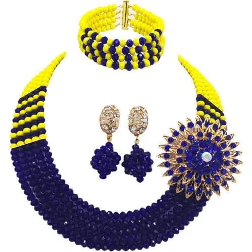 Fashion Opaque Yellow Royal Blue Crystal Beaded Necklace Nigerian Wedding African Beads Jewelry Set for Women 5L-SXJB07