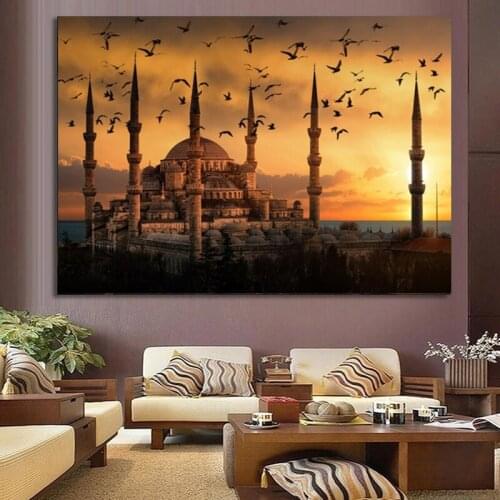 Muslim Mosque Sunset View Canvas Paintings on The Wall Art Posters Islamic Art Realistic Landscape Room Home Decorative Pictures