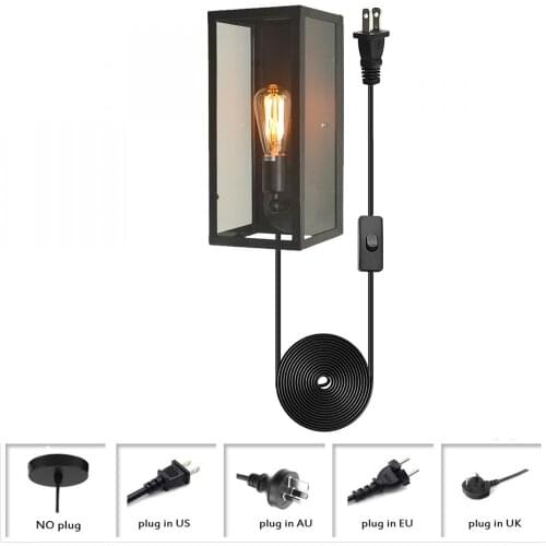 Wall Lights Plug In Cord, Plug In Wall Sconces with Clear Seeded Glass Shade, Modern Front Door Wall Lighting In Black Finish