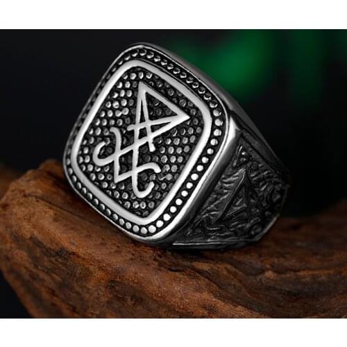Onlysda Gothic Lucifer Seal of Satan Signet Rings Punk Stainless Steel Seal Rings Men and Women Pagan Jewelry Party Gift