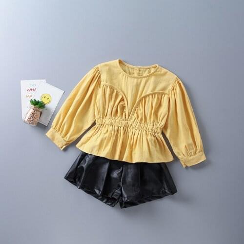 2-7 years high quality girl clothing set 2020 new autumn casual tiered ruched solid shirt + leather pant kid children clot