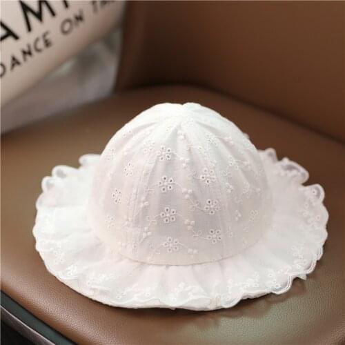 Summer New Baby Hat White Lace Flower Infant Girls Bucket Hat Hollow Breathable Cotton Outdoor Kids Panama Sun Cap