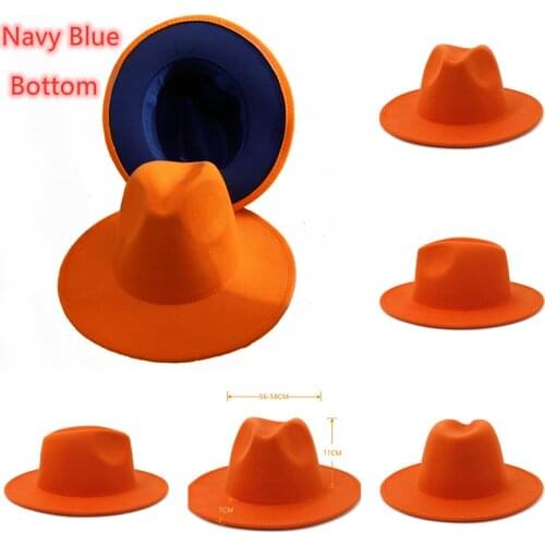 Simple Orange outer navy blue bottom Patchwork Felt Hat Women Men Wide Brim Wool Jazz Fedora Hats Panama Hat Wholesale