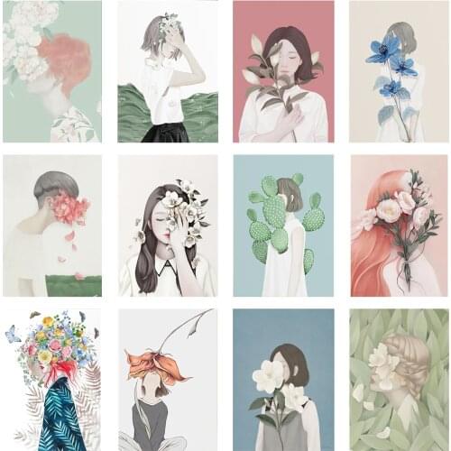 Nordic Colorful Painting Canvas Modern Fresh Flower Character Green Plant Illustration Wall Art Girl Room Decoration Home Decora