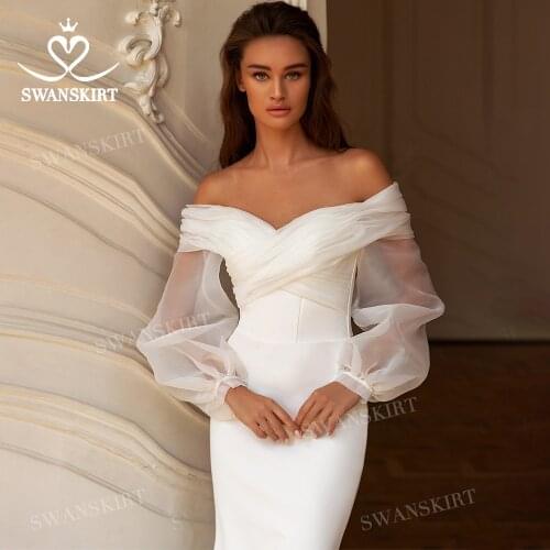 Satin Mermaid Wedding Dress 2021 Sweetheart Puff Sleeve Court Train Bridal Gown Vintage Princess SwanSarah GI62 Vestido De Novia