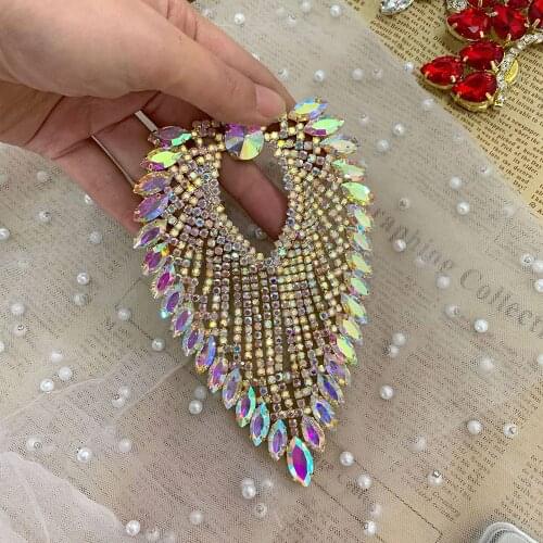 Good quality Crystal AB tassel shape rhinestone applique with gold or silver flat base for Wedding dance dress shoulder chain