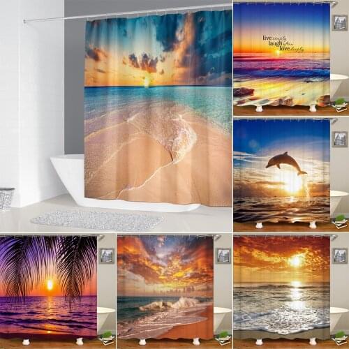 3D Sea Beach Shower Curtains Shell Printed Bath Screen Polyester Bathroom Decoration Tree Ocean Bathtub Curtain with 12 Hooks