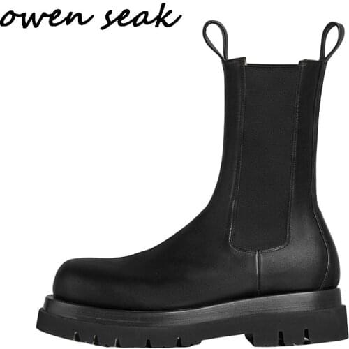 Owen Seak Women Motorcycle Leather Boots High-TOP Luxury Mid-Calf Autumn Winter Riding Boots Casual Brand Zip Flats Black Shoes