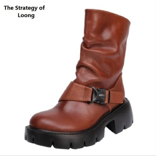 Spring Autumn New Retro Thick Heels Platform Buckle Strap Pleated Sewing Genuine Leather Women Half Mid-Calf Equestrian Boots