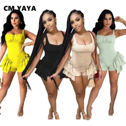 CM.YAYA Ruffles Splicing Tank Playsuit Bodycon Rompers for Women Sleeveless Above Knee Jumpsuit Club Party Active Summer Outfit
