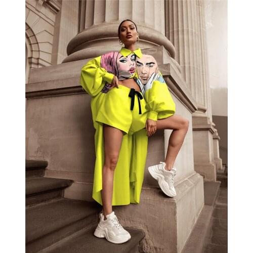 2 Two Piece Set Women Tracksuit Spring Autumn Clothes Cartoon Print Blouse Long Shirt Top and Shorts Suits Fashion Womens Set